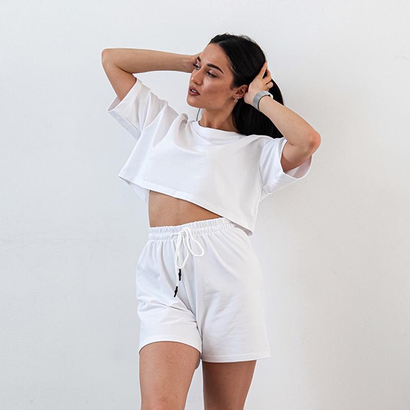 2025 Women's Spring/Summer Solid Color Casual Crop Top & Drawstring Shorts Set