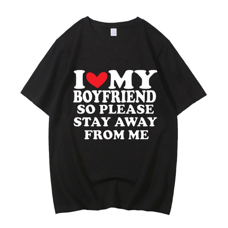 Koszulka z nadrukiem I Love My Boyfriend Kobiety Casual Okrągły dekolt Krótki rękaw Lato Odzież damska I Love My Girlfriend