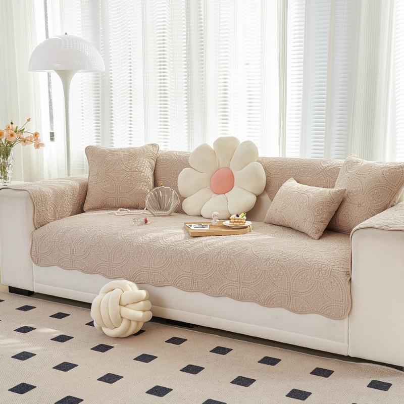 French Retro Embroidered Pure Cotton Sofa Cushion for All Seasons, Light Luxury Fabric Sofa Cover, Non-slip Leather Seat Cushion