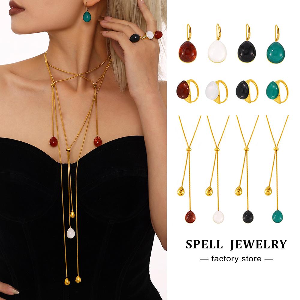 Long Necklace Matching Earring Ring In Stainless Steel With Multi Color Resin Sweater Chain Necklaces Earrings Rings For Women