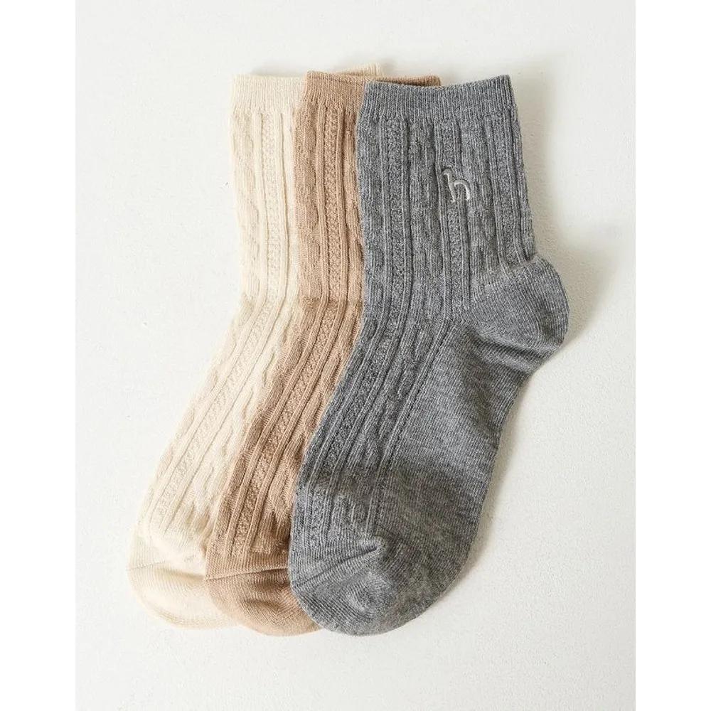 HISS6E223G2_Women's Gray Woven Pattern Cotton Blend Ankle Socks 3-Piece Set