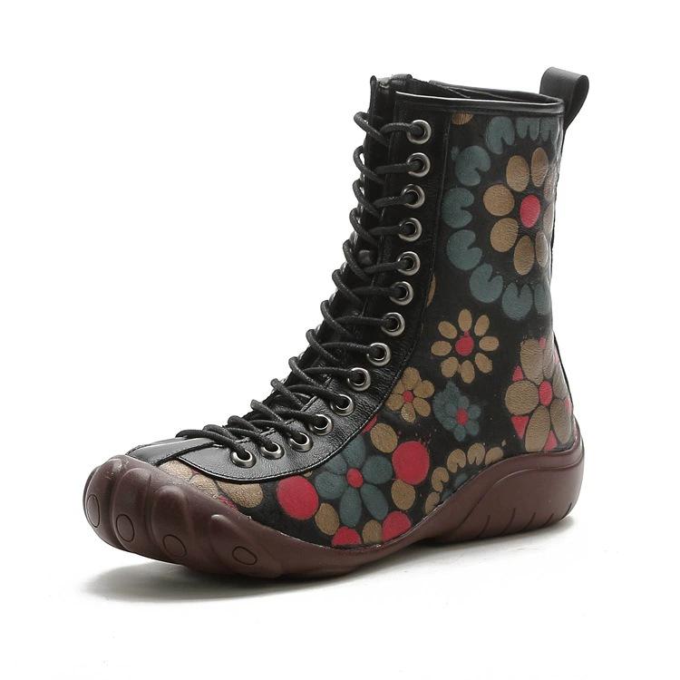 New Autumn and Winter Flat-soled Beef Tendon Sole Women's Boots Ethnic Style Genuine Leather Print Mid-tube Martin Boots