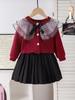 Wine Red Long-Sleeved Top + Black Skirt Set for Girls