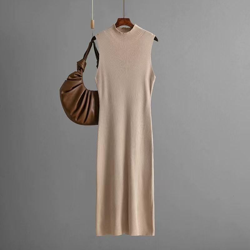 

Fashion Style New Arrival Pure Color Stretch Knitting Sleeveless Sheath Dress Knitted Sleeveless Dress Khaki All yards