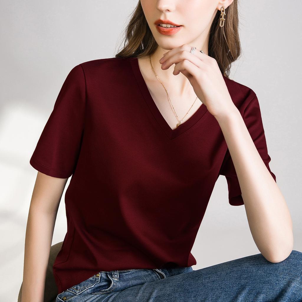 Skin-friendly support cool feeling double mercerized cotton slim fit solid color simple female slim short sleeve, white T