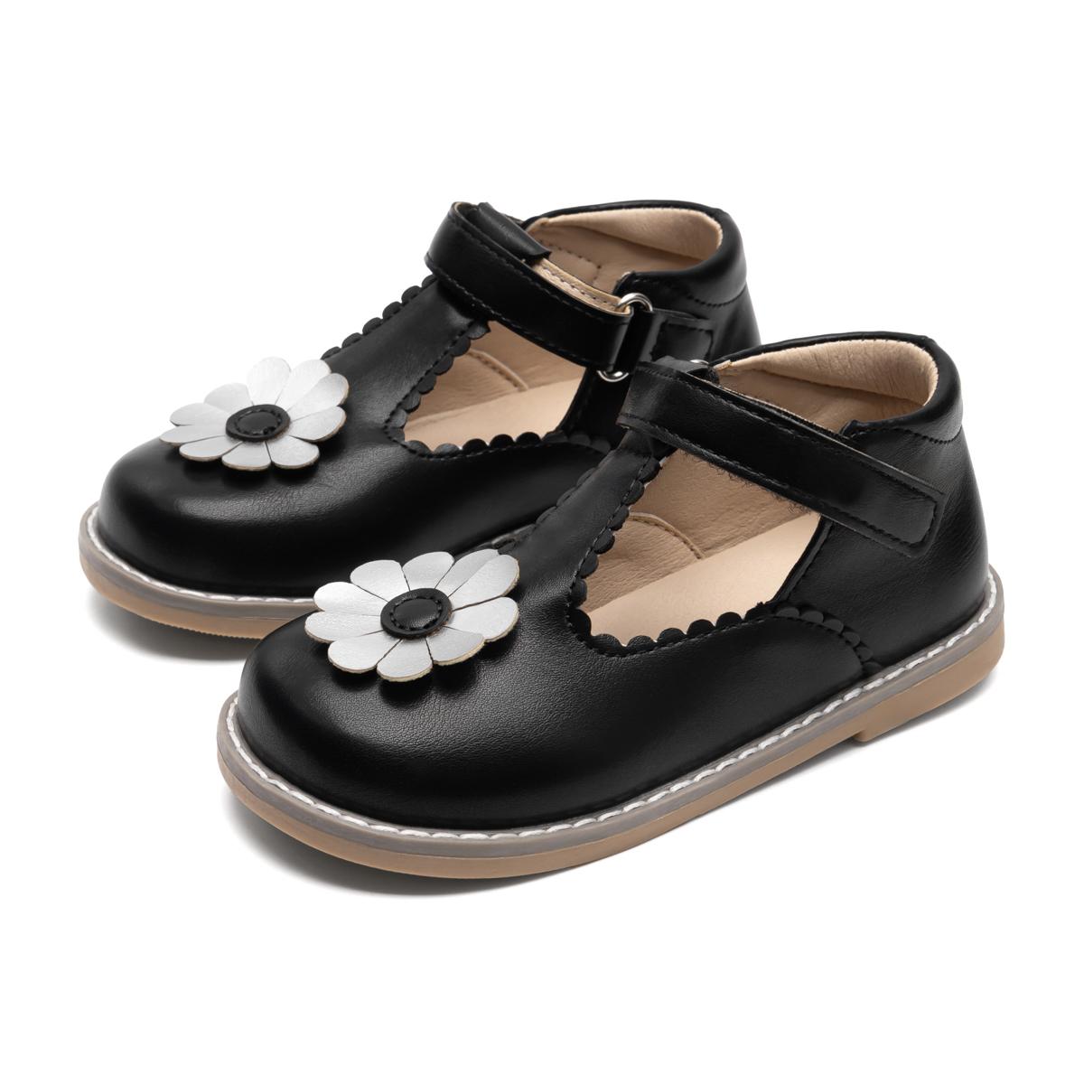 

Girls Flower Decor T-Strap Mary Jane Leather Shoes Toddler Little Kid Velcro Scalloped Edge Casual Dress Shoes 24