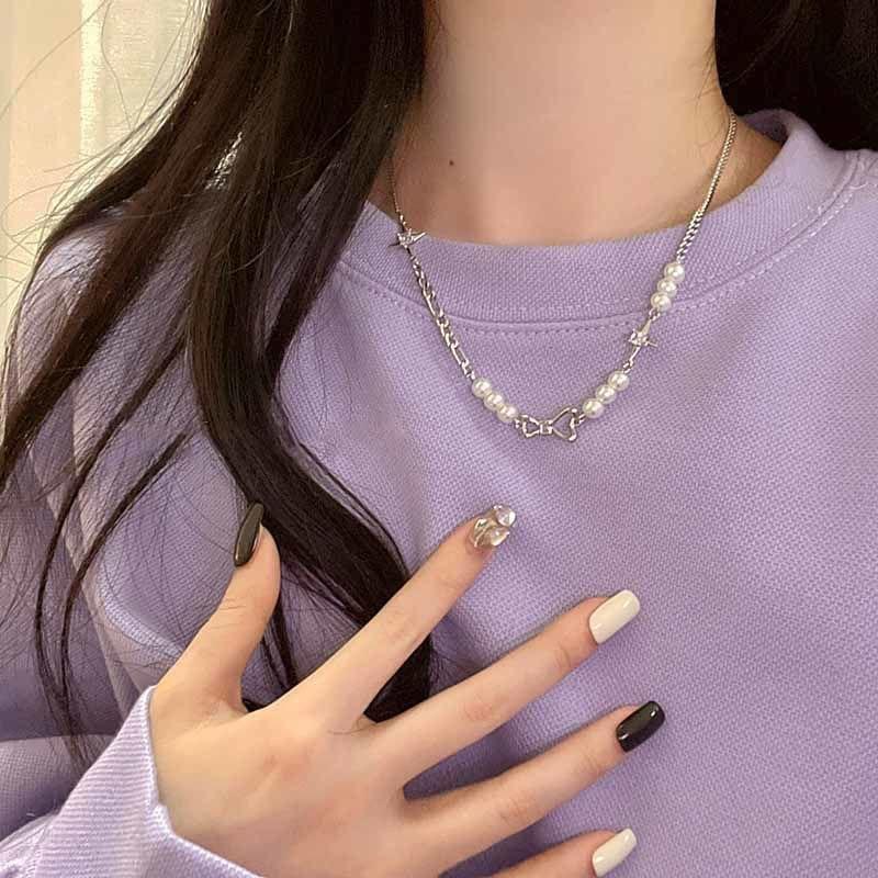 Imitation pearl splicing necklace women's temperament bow pendant light luxury niche design versatile collarbone chain