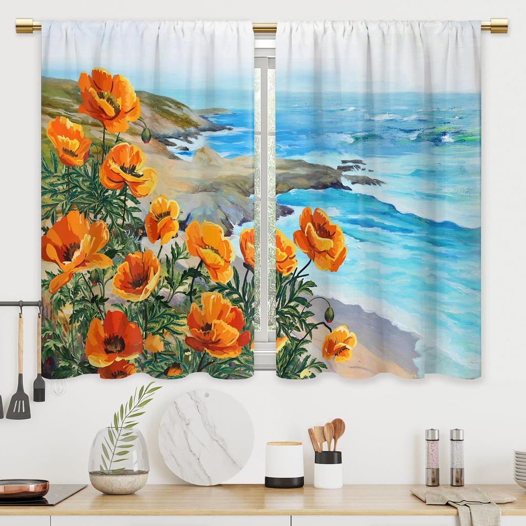 2 Panels Rustic Yellow Floral Kitchen Curtains Farmhouse Bathroom Window Treatment Drapes Cafe Small Bedroom Short Curtains