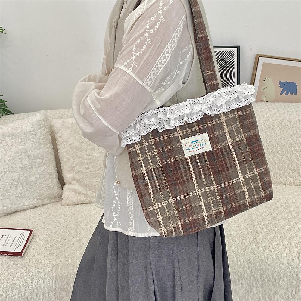 151 Cute Girl Heart Lace Woolen College Plaid Shoulder Bag Cloth Bag Portable Tote Bag