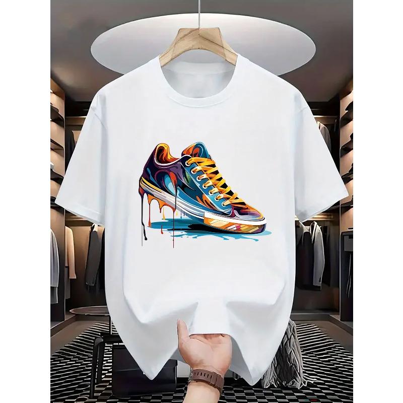 

Men s T-Shirt - Casual Round-neck Short-sleeve Summer Top with Sneaker Print Design, Lightweight Daily Street Style Shirt, Stretch Fabric S белый