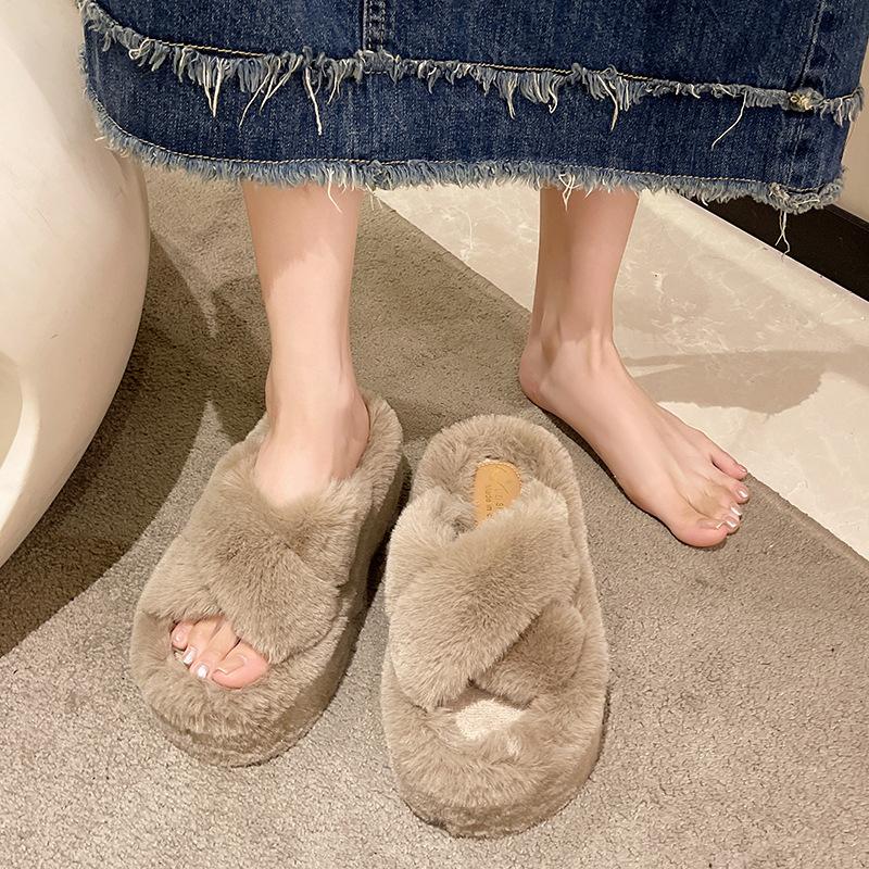 Fairy Wind Thick-soled Fluffy Slippers Female 2025 Autumn and Winter New Round Head High Heel One-letter Women's Cotton Slippers