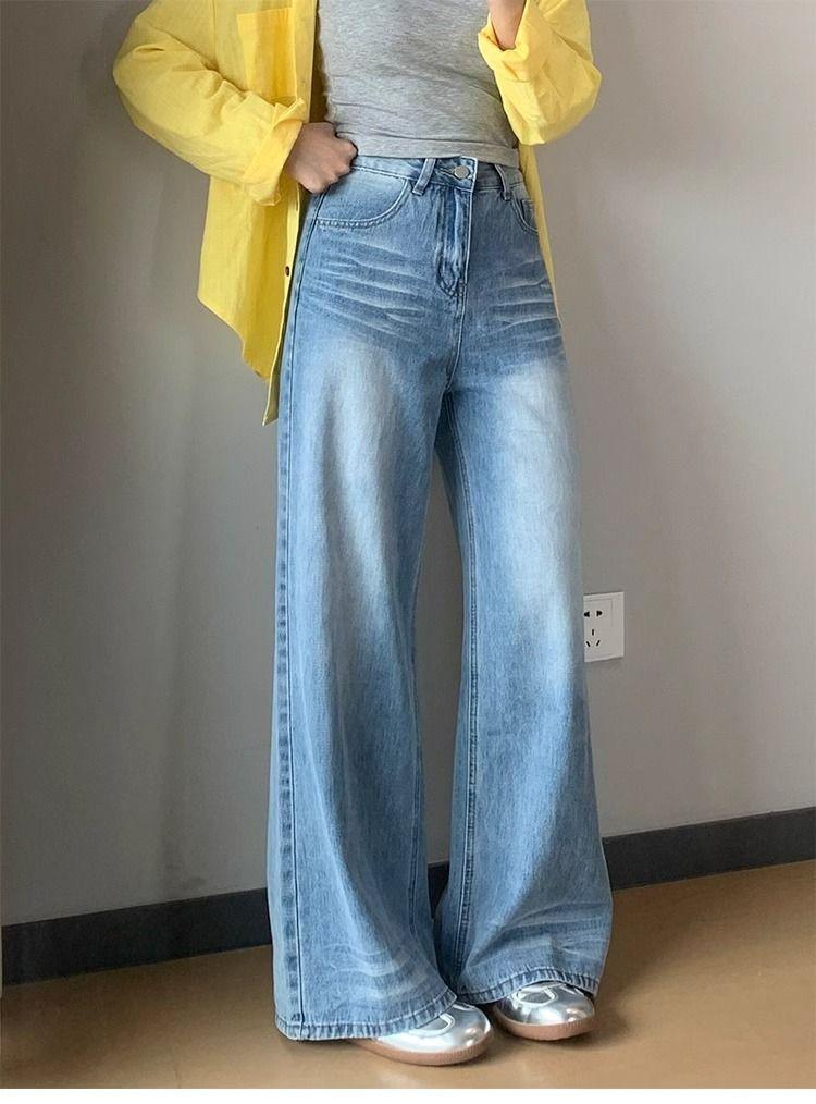 American retro blue wide-leg jeans women's summer new high-waisted loose-fitting meat-covering and thin straight trousers
