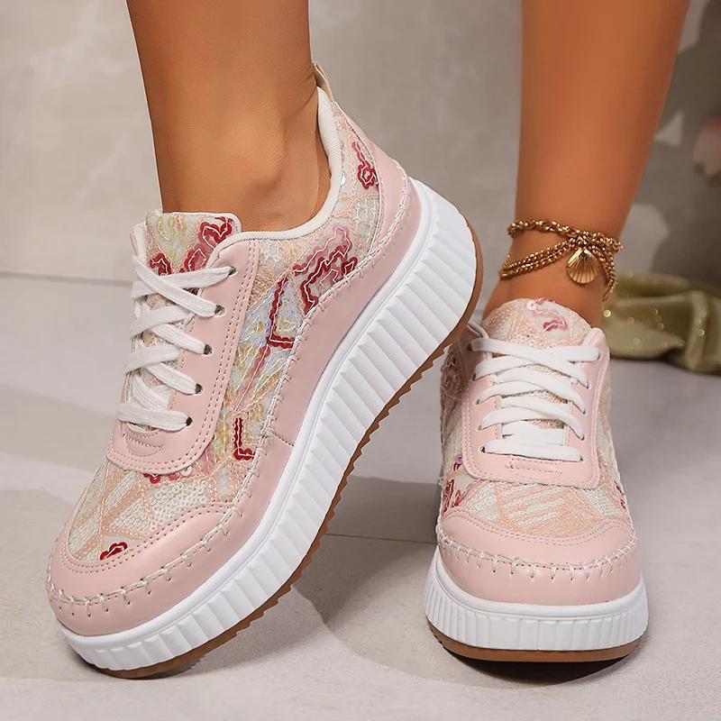 Fashion Fashion Glitter Platform Sneakers for Women 2025 Spring Lace Up Pink Sports Shoes Woman Plus Size 43 Thick Bottom Walking Shoes