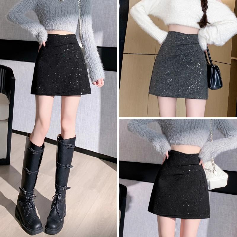 Gray Woolen Sequin Short Skirt - Women's Autumn/Winter 2025 French-Style High-End Design