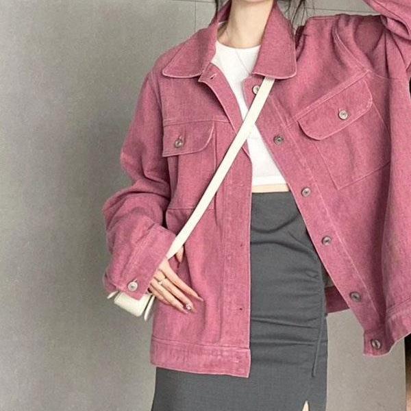 Women's Retro Rose Pink Denim Jacket – American and Hong Kong Style, Loose Fit, Versatile for Spring & Autumn