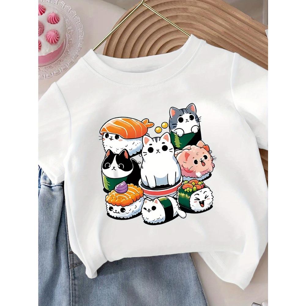 Adorable Cat Sushi Cartoon Print Kid T-Shirt Soft Round Neck with Fun Food Design for Summer Casual Children Wear Clothing