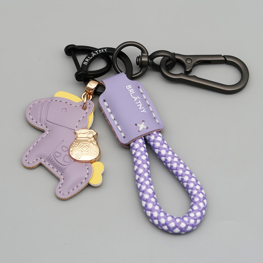 Handmade Genuine Leather Horse Keychain with Anti-Lost Lanyard and Woven Rope.