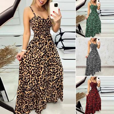 Damen-Trägerkleid, Leopardenmuster, tief ausgeschnittener V-Ausschnitt, ärmellos, eng, hohe Taille, farblich abgestimmt, rückenfrei, großer Saum, Urlaub, Strand-Maxikleid