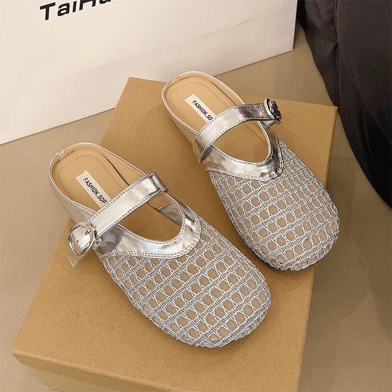 Hollow woven bag head half slippers women's outer wear 2025 summer new shoes soft sole breathable lazy cool slippers