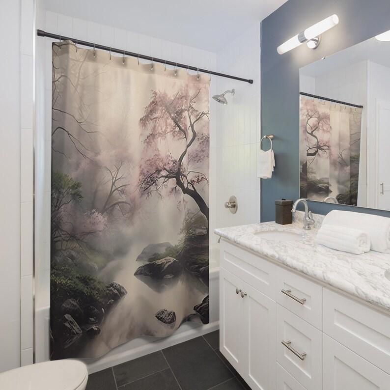 

Elegant Misty Cherry Blossom Shower Curtain Tranquil Nature Bathroom Decor, Japanese Lotus Style W60H190(CM)-1 Pcs