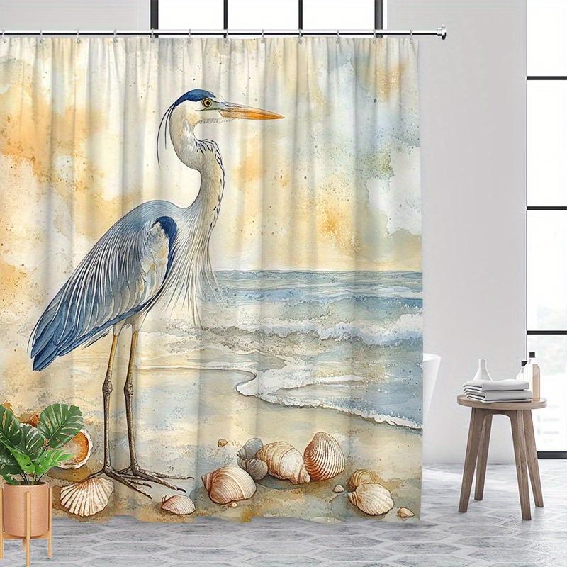 1Pc Polyester Shower Curtain - Realistic Coastal Heron Beach Scene, Soft Pastel Horizon, Machine Washable, Woven, 12 Hooks