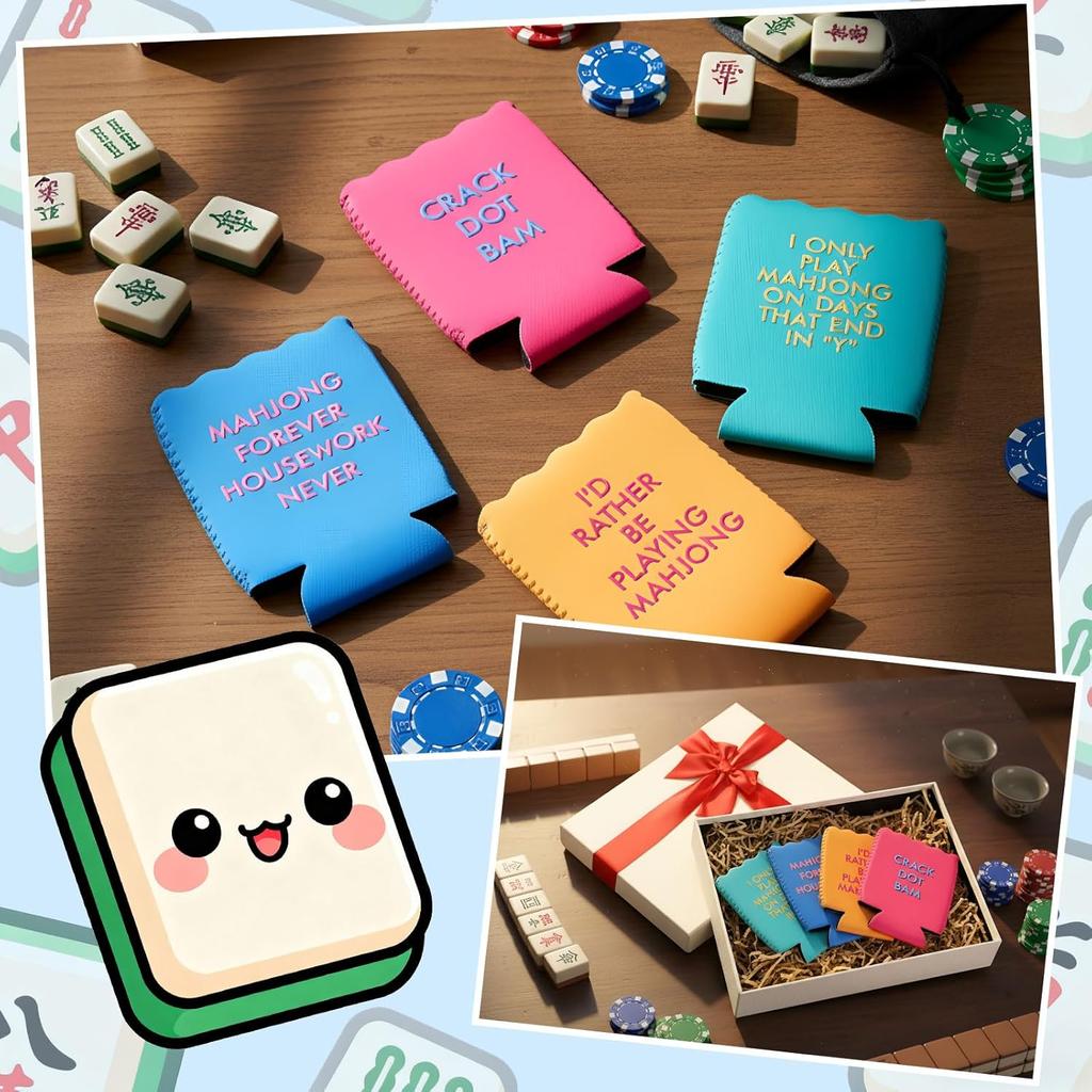 Chengu 12 Pcs Mahjong Party Can Coolers Sleeves with Funny Sayings Colorful Wavy Edges Can Coolers for Soda & Beer Game Night Mahjong Accessories