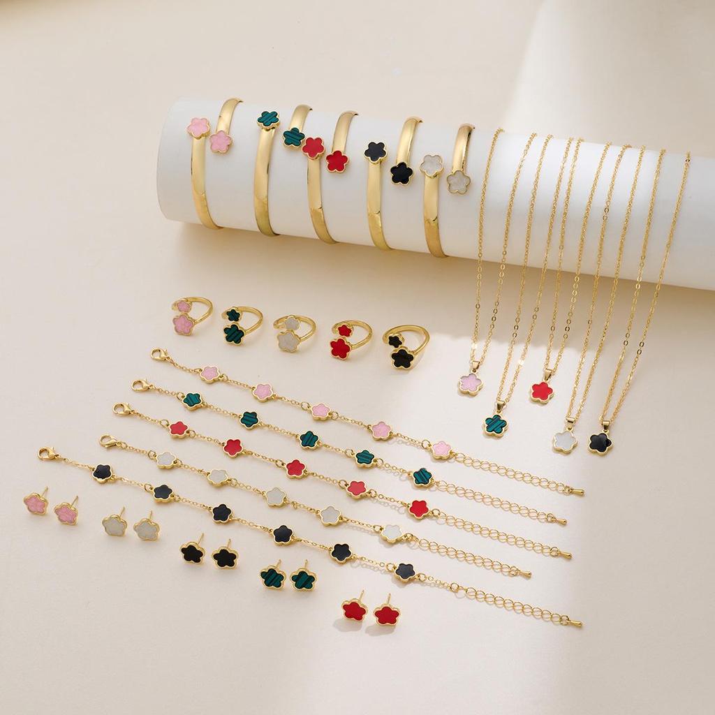 Five-Leaf Clover Jewelry Set: Lucky Flower Bracelet, Necklace, Ring, and Earrings for Women