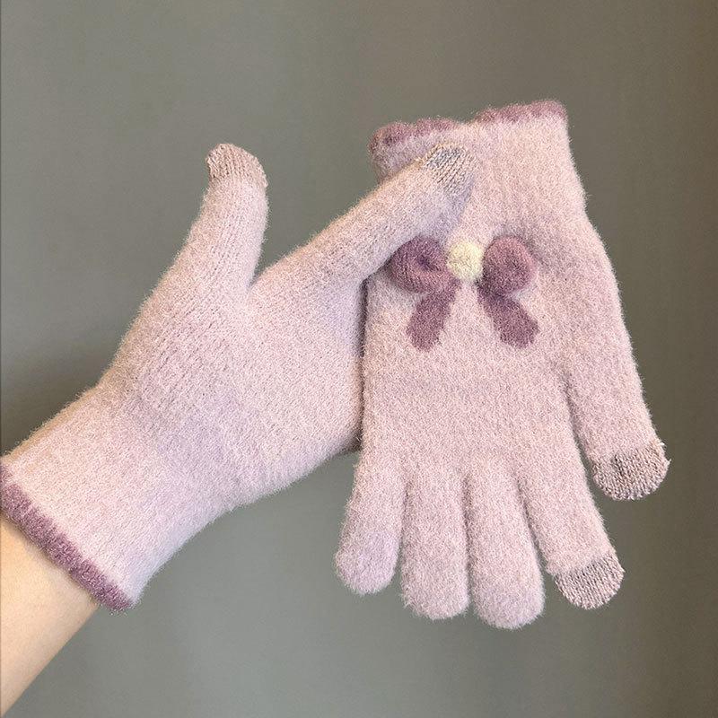 

Female bow Korean version cute velvet cold-proof cycling plush knitted five fingers