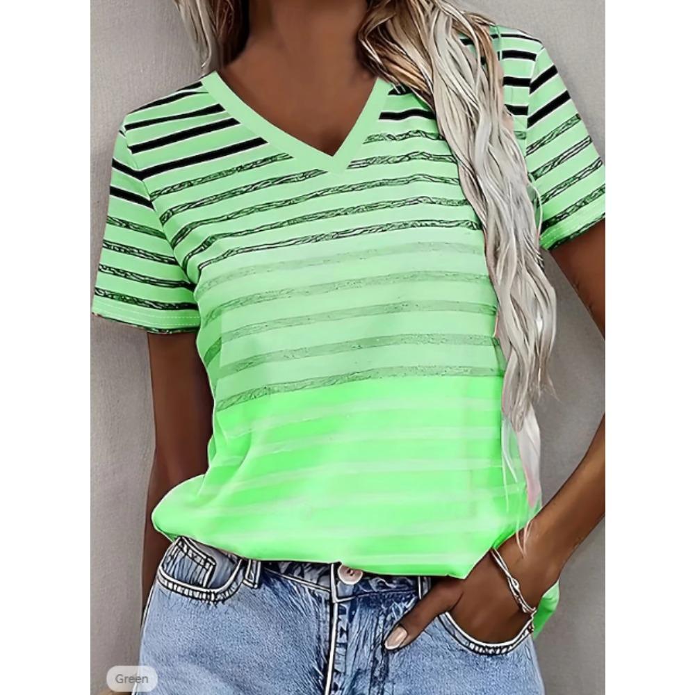 Women Summer T Shirt Stripe Pattern Print Short Sleeve Tees Casual Printed Tops