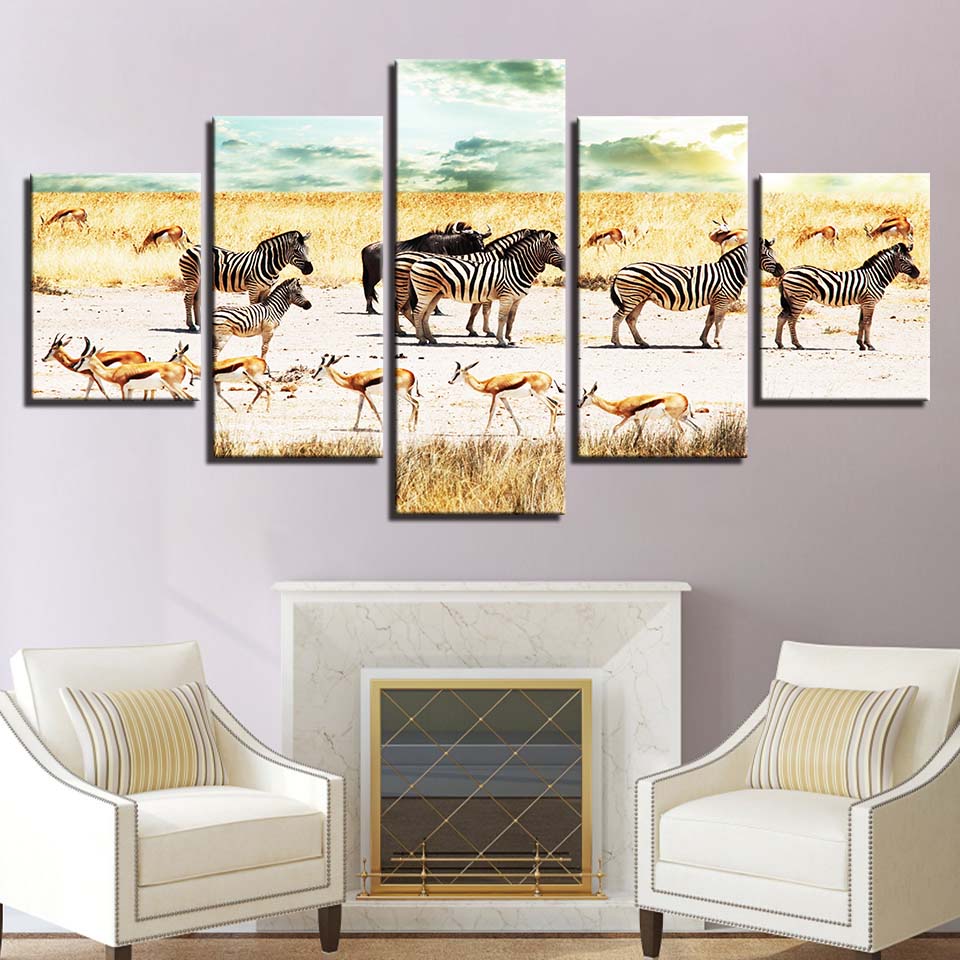 Modern Canvas Living Room Pictures Painting Wall Artwork 5 Panel Scorching Scorching African Zebra Goa HD Printed Modular Poster No Frame