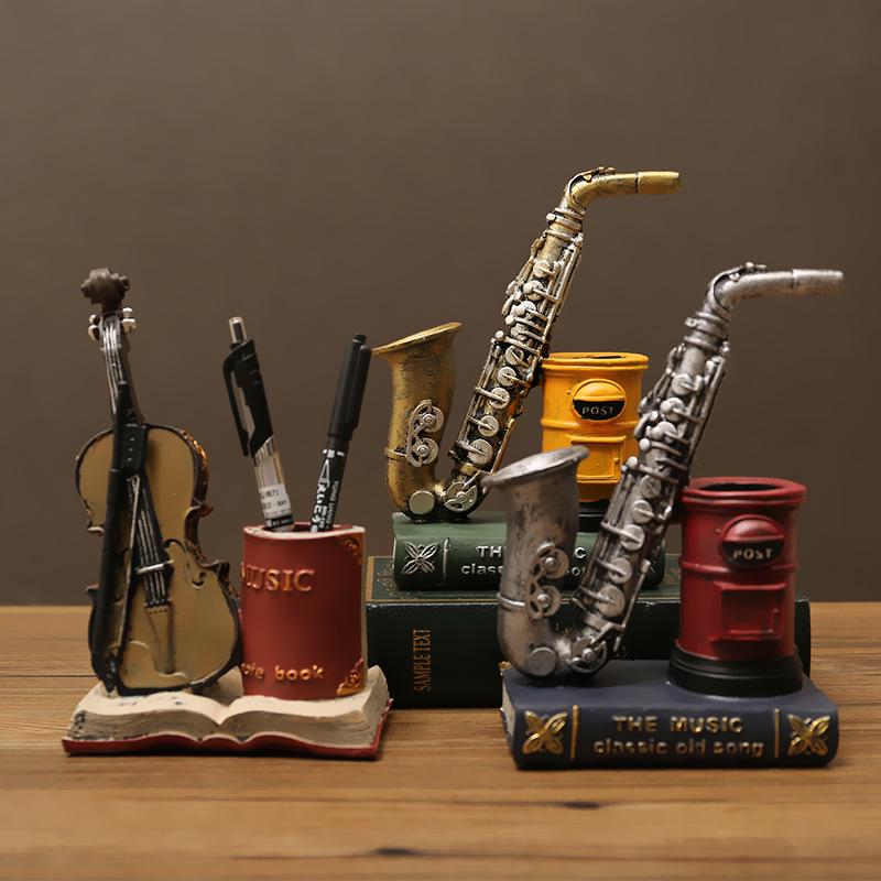 American-Style Saxophone & Violin Resin Pen Holder Desk Ornament for Office and Home Decor