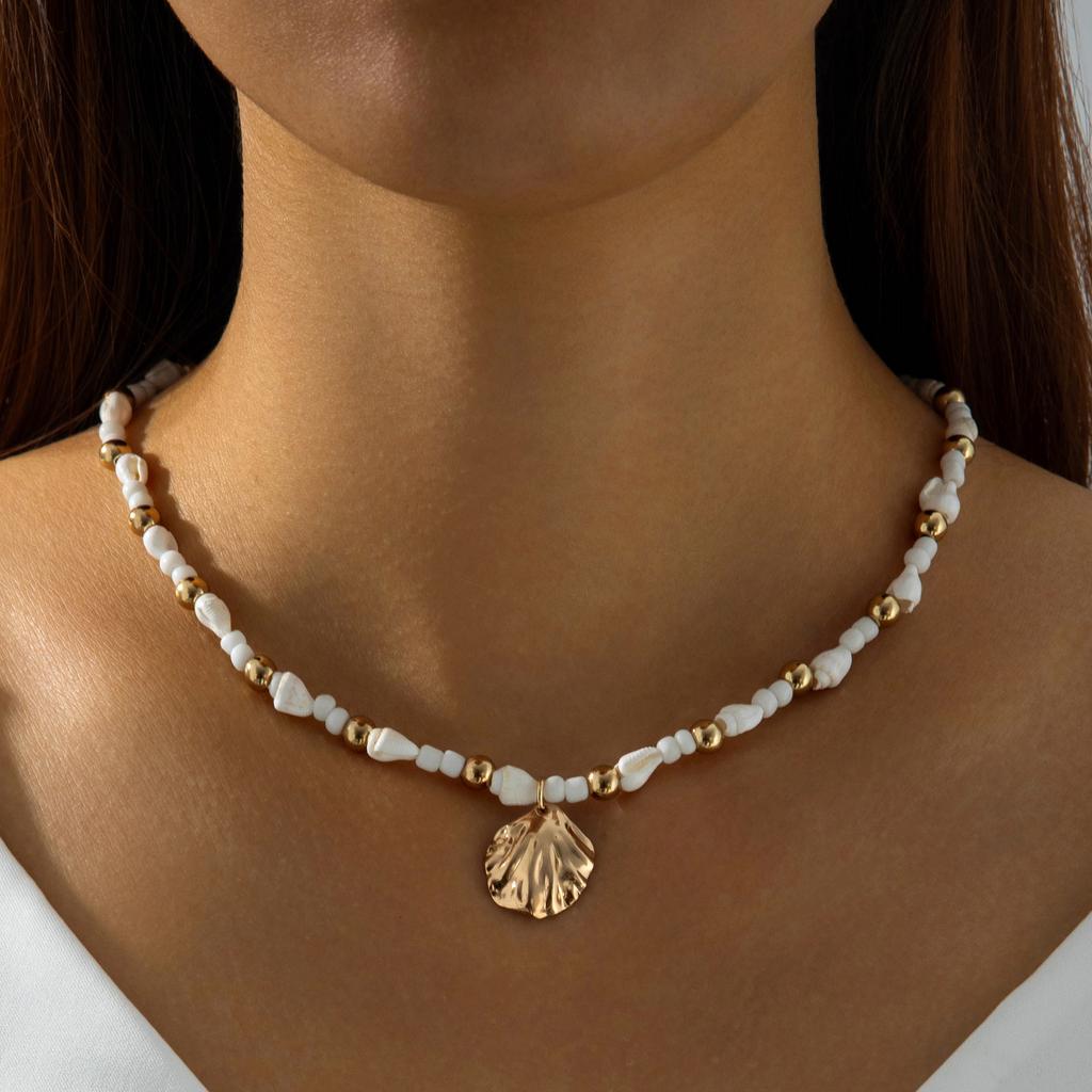 Bohemian Starfish Colored Rice Bead Necklace, Beach Scallop Imitation Pearl Necklace Necklace for Women