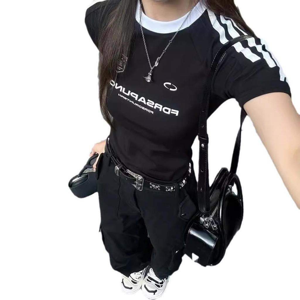 Women's American Retro Stripe Slimming T-Shirt - Short Sleeve, Summer 2025 Collection