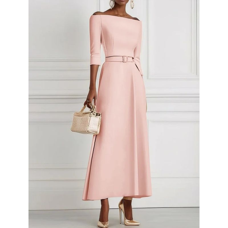 

European and American Socialite Slim fit off-Shoulder Elegant Solid Fashion Temperament Waist Hugging off-Shoulder Dress Women Pink XXL