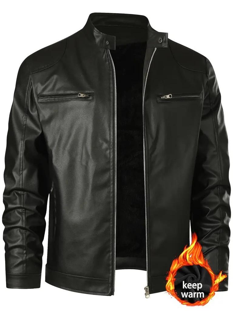 Winter new men's business gentleman fleece thickened zipper cardigan stand-up collar large size leather jacket men
