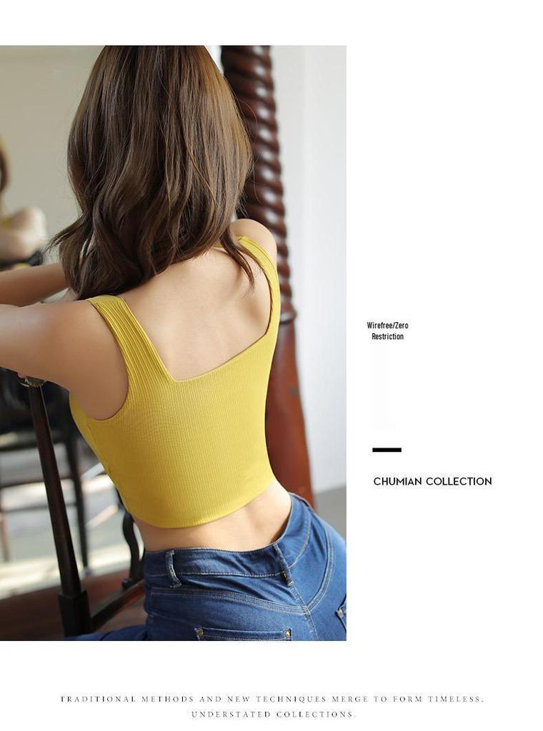 Women's Cotton Strap Tank Top with Built-in Chest Pads - Crop Top Bandeau Base Layer