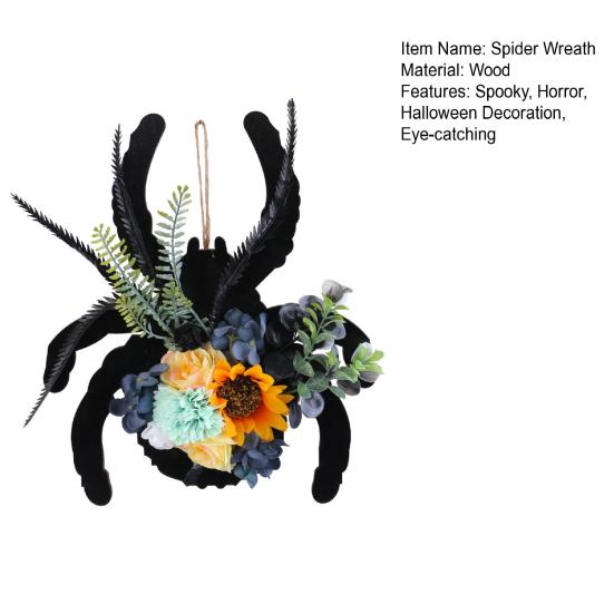 Halloween Spider Wreath for Front Door Wooden Black Spider Shaped Door Sign with Artificial Flowers for Indoor Outdoor Wall Decor