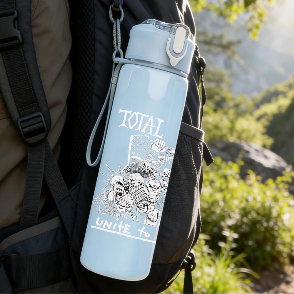 1PC Faint band group grey sketch print 750ml colorful plastic sports water bottle leakproof pop up lid with straw for outdoor work home use