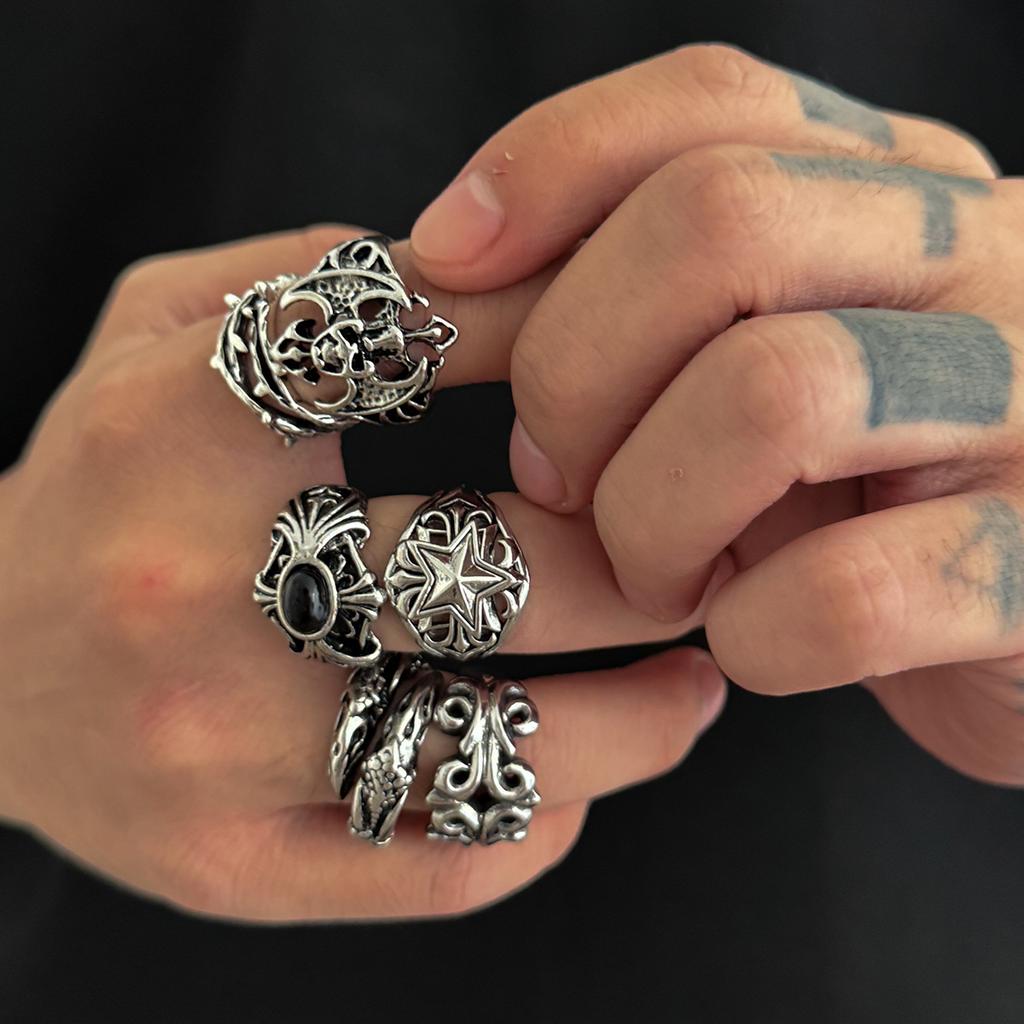 6Pcs Antique Silver Open Ring Set Male, Hip Hop Diablo Exaggerated Ring Accessories Gift
