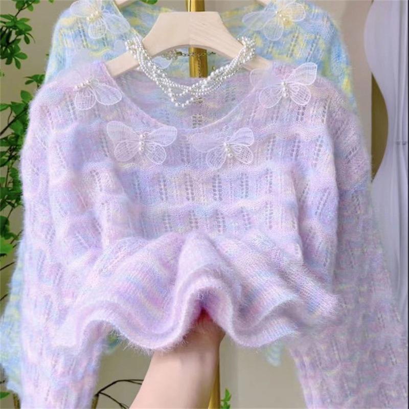 Spring and Autumn New Loose Gradual Change Rainbow Female Butterfly Sweet Gentle Wind Hollow Sweater Pullover Knitted Sweater Female