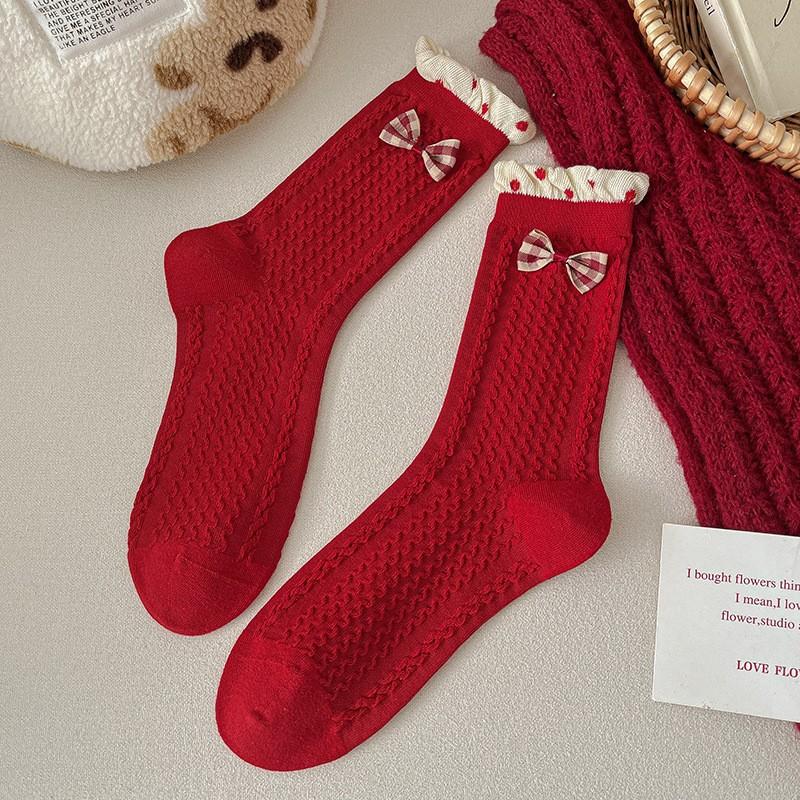 Red Socks Pure Cotton Tube Socks Season Cute Cartoon New Year Big Red Boneless Pile Socks