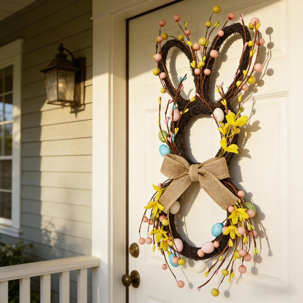 Easter Bunny Rattan Wreath Pendant: Forest-Style Egg Ring Door Hanger Wall Decor