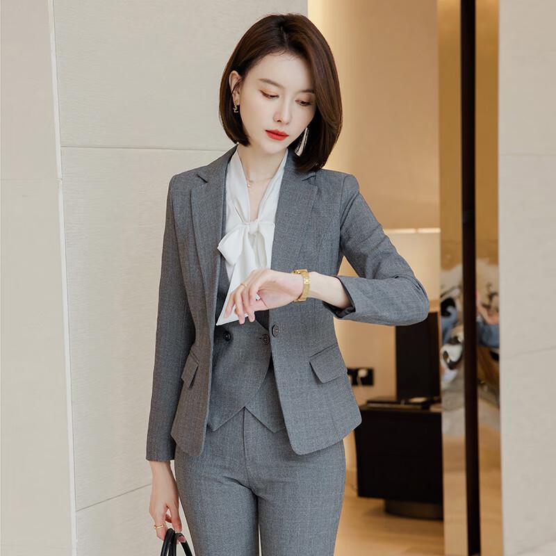 Women's Grey Plaid Business Suit Set