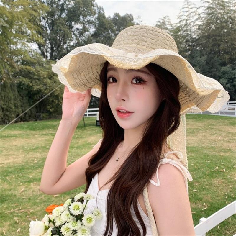 Summer Seaside Beach Outdoor Straw Hat Lace Bow Sunshade Sun Protection Hat UV Protection Sun Hat Children