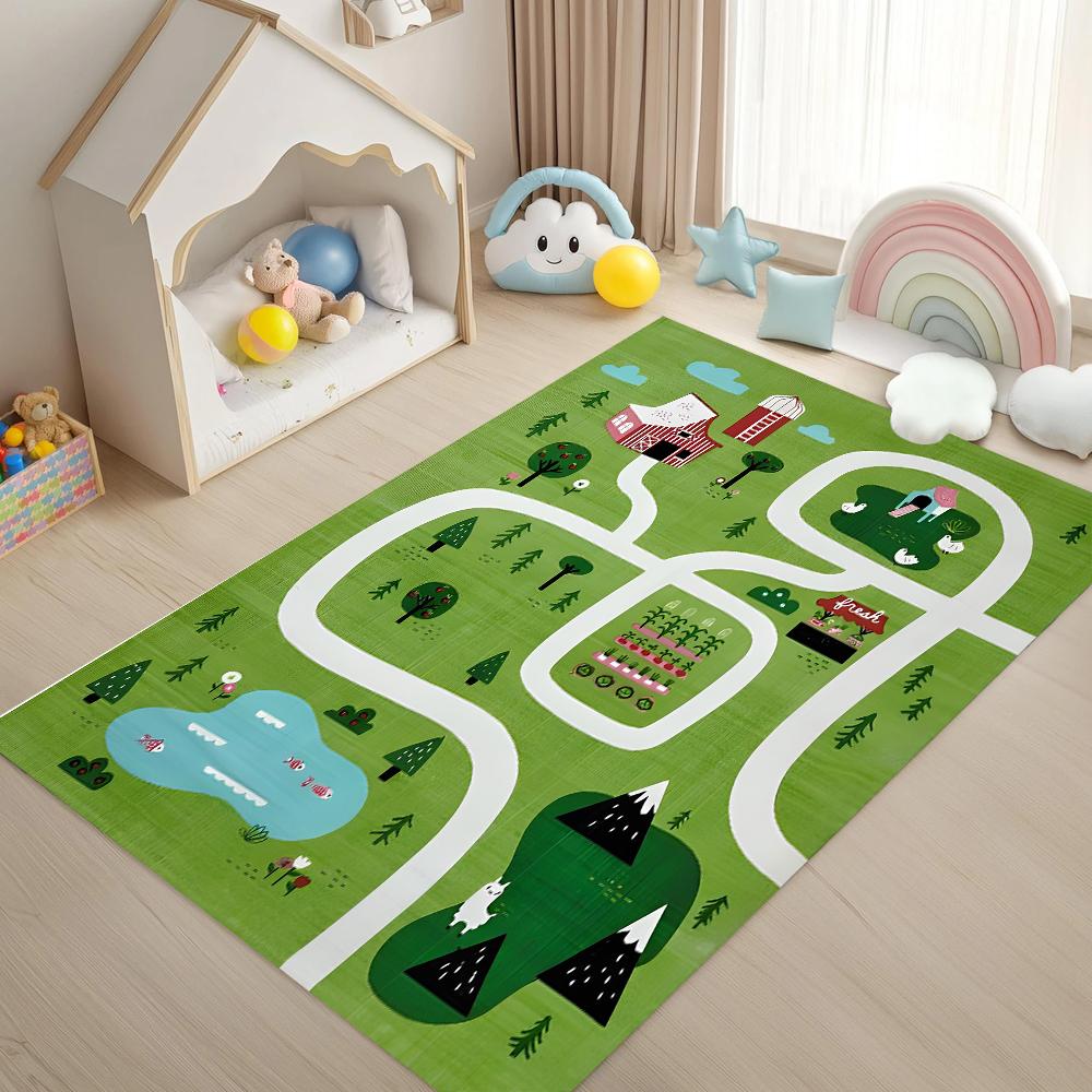 Kinder Bauernhof Abenteuer Spielmatte Pädagogischer Straßen Teppich Rutschfester Teppich für Kinderzimmer Spielzimmer Kleinkind Schlafzimmer Heimdekoration