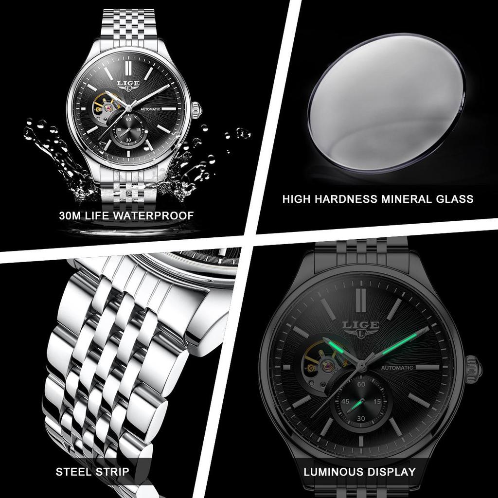 Men's Luxury Waterproof Automatic Mechanical Watch with Steel Band and Luminous Skeleton Design