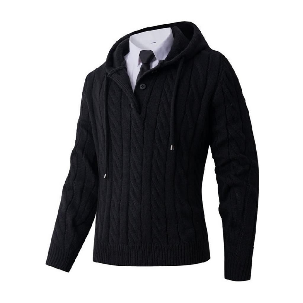 Men's Solid-color Casual Long-sleeved Hooded Pullover, Men's Button Collar Embossed Texture Warm Knitted Sweater