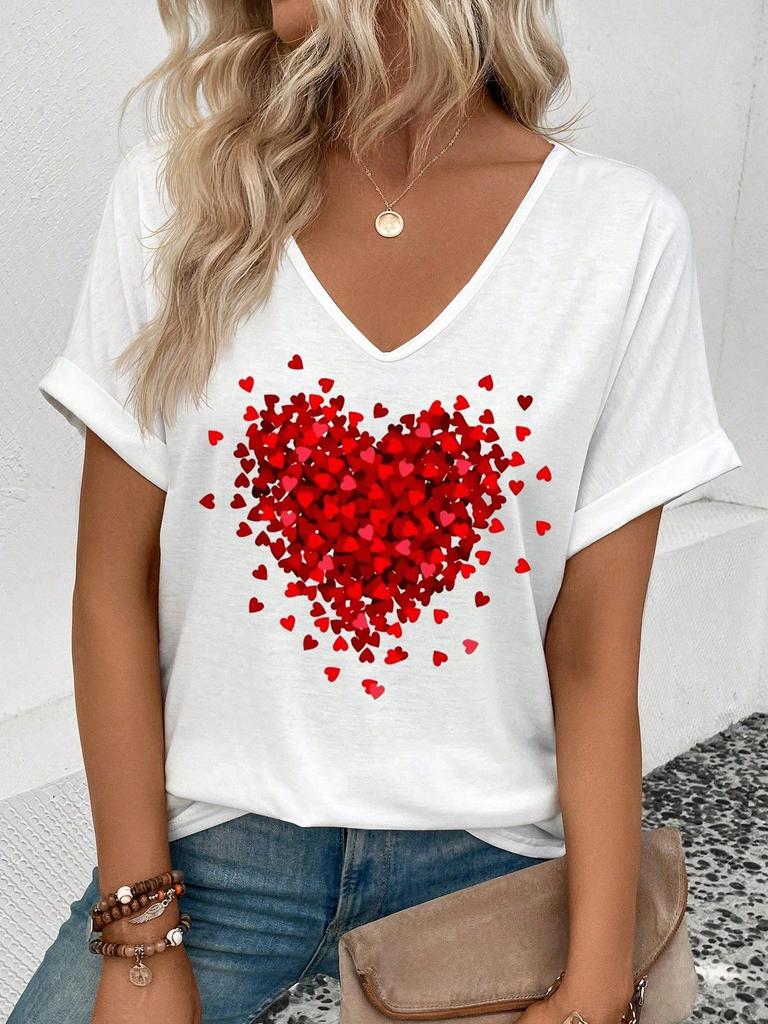 Floral Print V-Neck T-Shirt, Rolled Short Sleeve Casual Top For Women