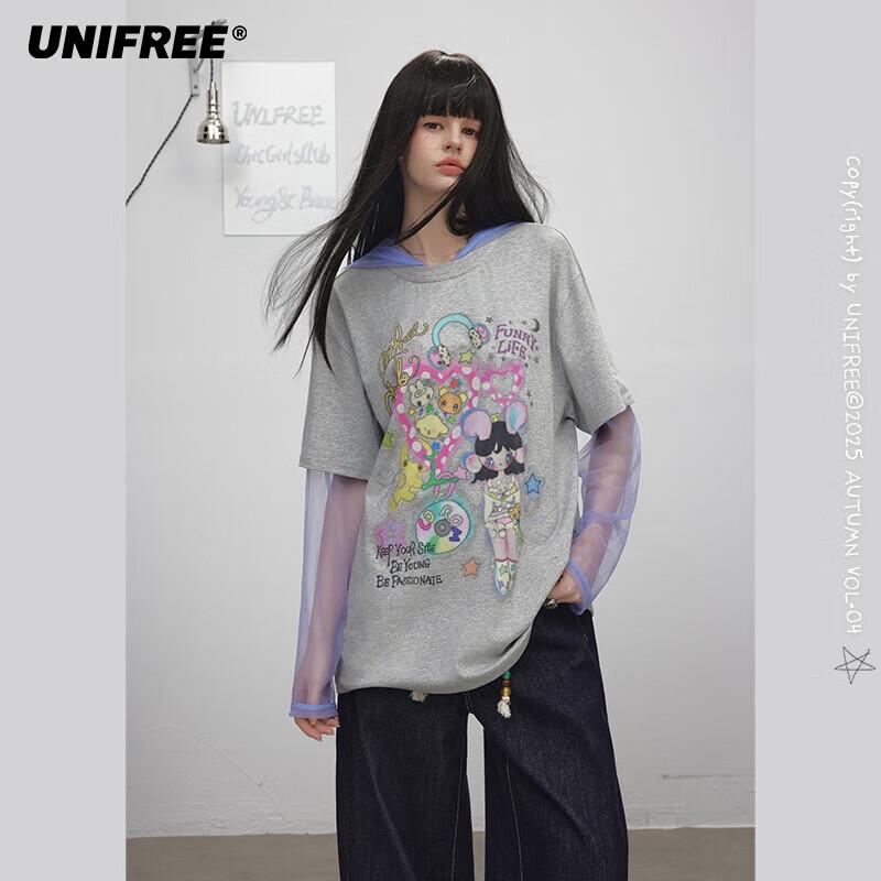 UNIFREE 2025 Autumn Sweet Cool Faux Two-Piece Hooded T-Shirt S
