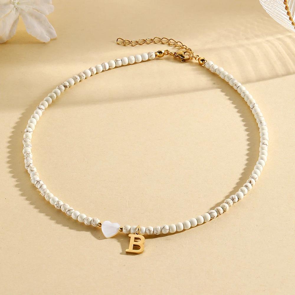 Bohemian Choker neck Initial necklaces heart-shaped shell letter pendant beads Women's stainless steel necklace woman trend2025